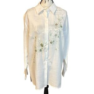 Duality Women’s Embroidered Button-Up Blouse Long Sleeve Linen White Size XL